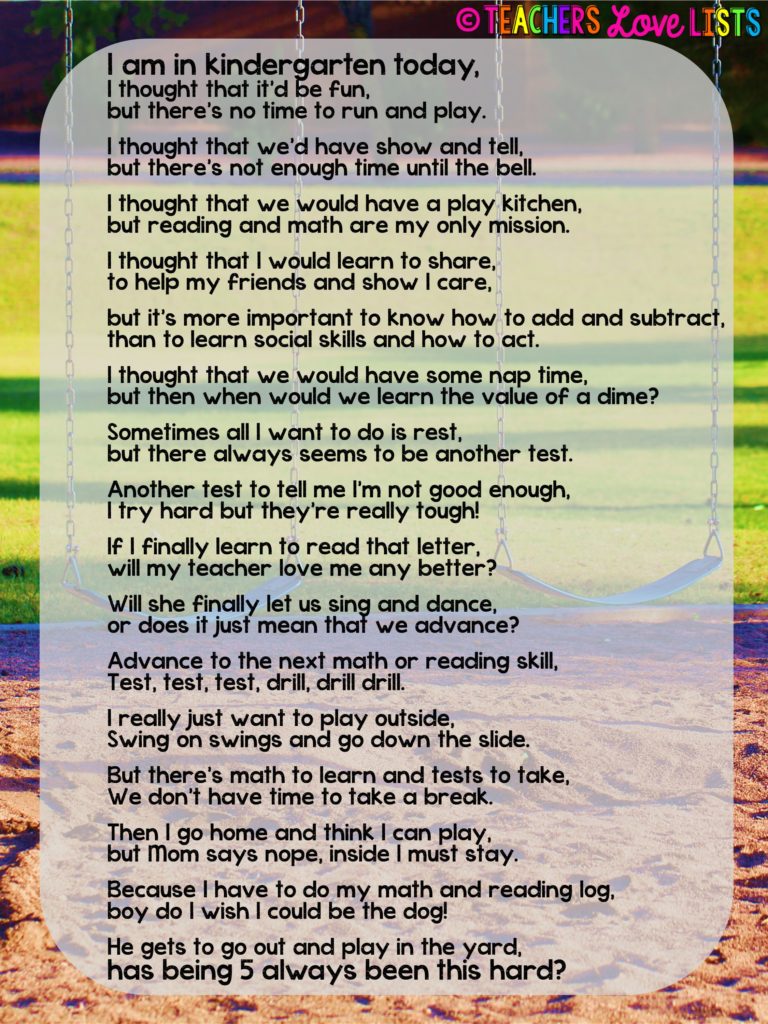 Kindergarten Today Kids Need Recess Poem